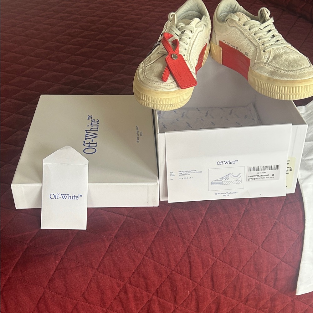 Off-White Cream and Red Sneakers